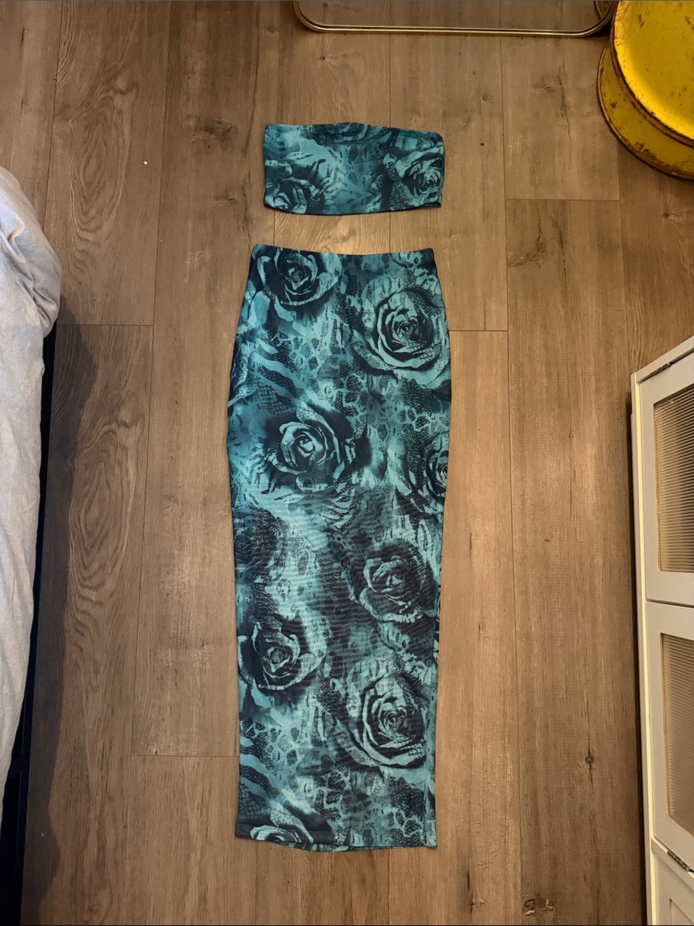 SHEIN Teal and Black Floral Midi Skirt Set